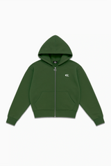 Hoodie zippé Cynique vert foncé, coupe boxy avec broderie discrète ton sur ton. Un essentiel minimaliste au style street et affirmé.