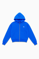 Hoodie zippé bleu électrique Cynique unisexe avec capuche, logo brodé blanc côté cœur, coupe droite, poches kangourou, en coton épais 450 GSM.