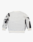 Vue arrière du pull Monarch Knit de Cynique. Design oversize en maille épaisse, bicolore noir et blanc, avec détails artistiques sur les manches. Pièce forte de la collection, le dos reste sobre pour équilibrer le visuel avant chargé. Style unisexe, confort premium et silhouette boxy.