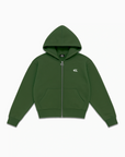Hoodie zippé Cynique vert foncé, coupe boxy avec broderie discrète ton sur ton. Un essentiel minimaliste au style street et affirmé.