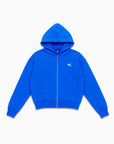 Hoodie zippé bleu électrique Cynique unisexe avec capuche, logo brodé blanc côté cœur, coupe droite, poches kangourou, en coton épais 450 GSM.
