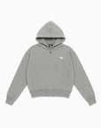Hoodie zippé gris clair Cynique en coton 450 GSM, coupe oversize unisexe. Logo brodé blanc côté cœur, capuche doublée, poches kangourou, zip métallique central. Design minimaliste streetwear.